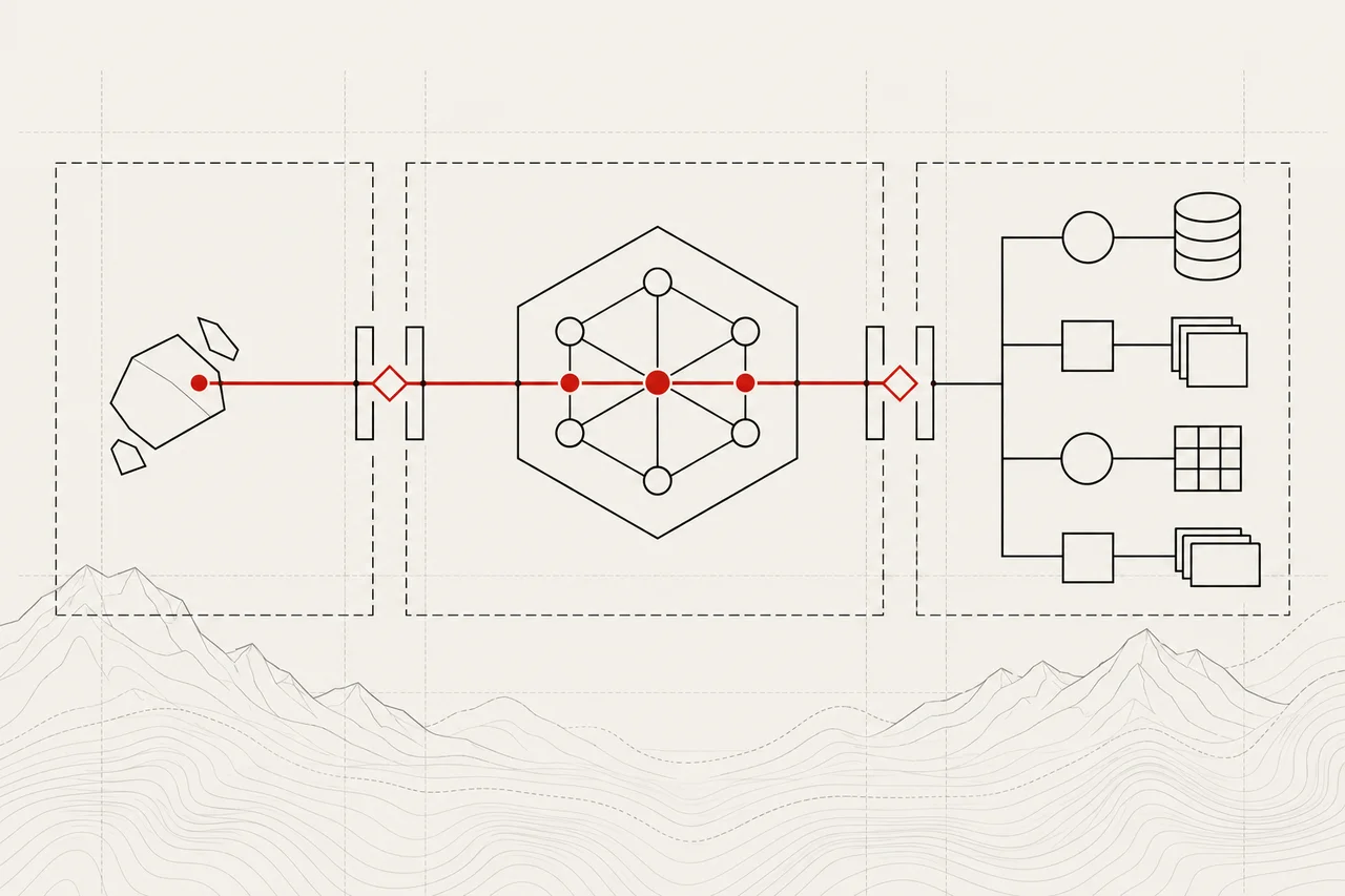 Line illustration of an AI agent connected to tools and data across trust boundaries, with one highlighted attack path.