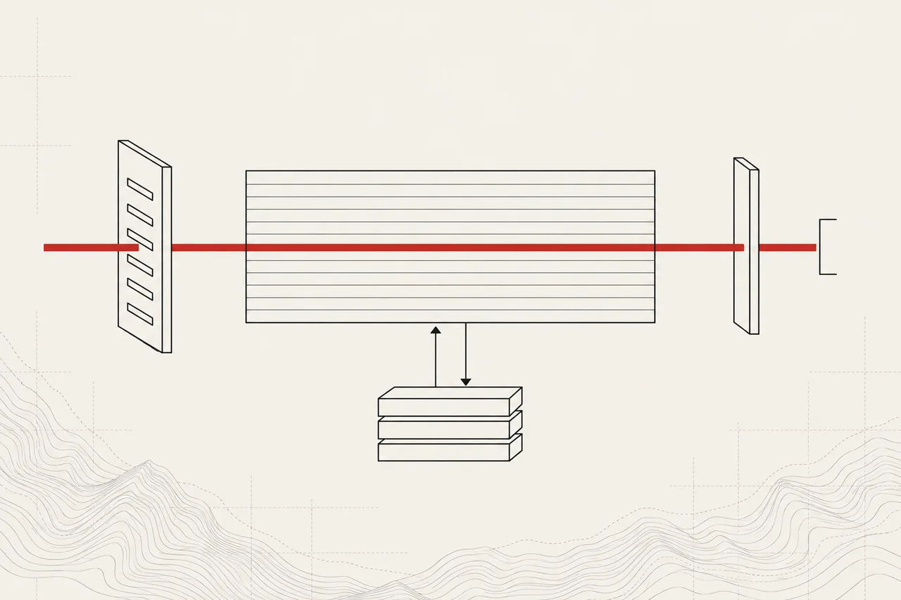 Line illustration of a private inference stack: a model box connected to a retrieval store and tool nodes, all enclosed by a perimeter boundary.