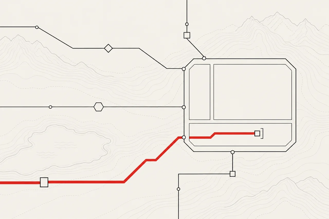 Linienillustration eines Angriffspfads, der mehrere Vertrauensgrenzen innerhalb einer verteidigten Umgebung überquert, mit markierten Detektionspunkten entlang der Route.