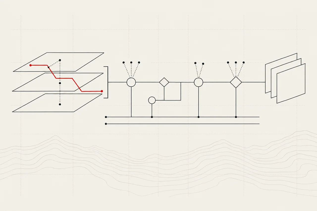 Line illustration of a security architecture and risk map turning uncertainty into a prioritized roadmap.