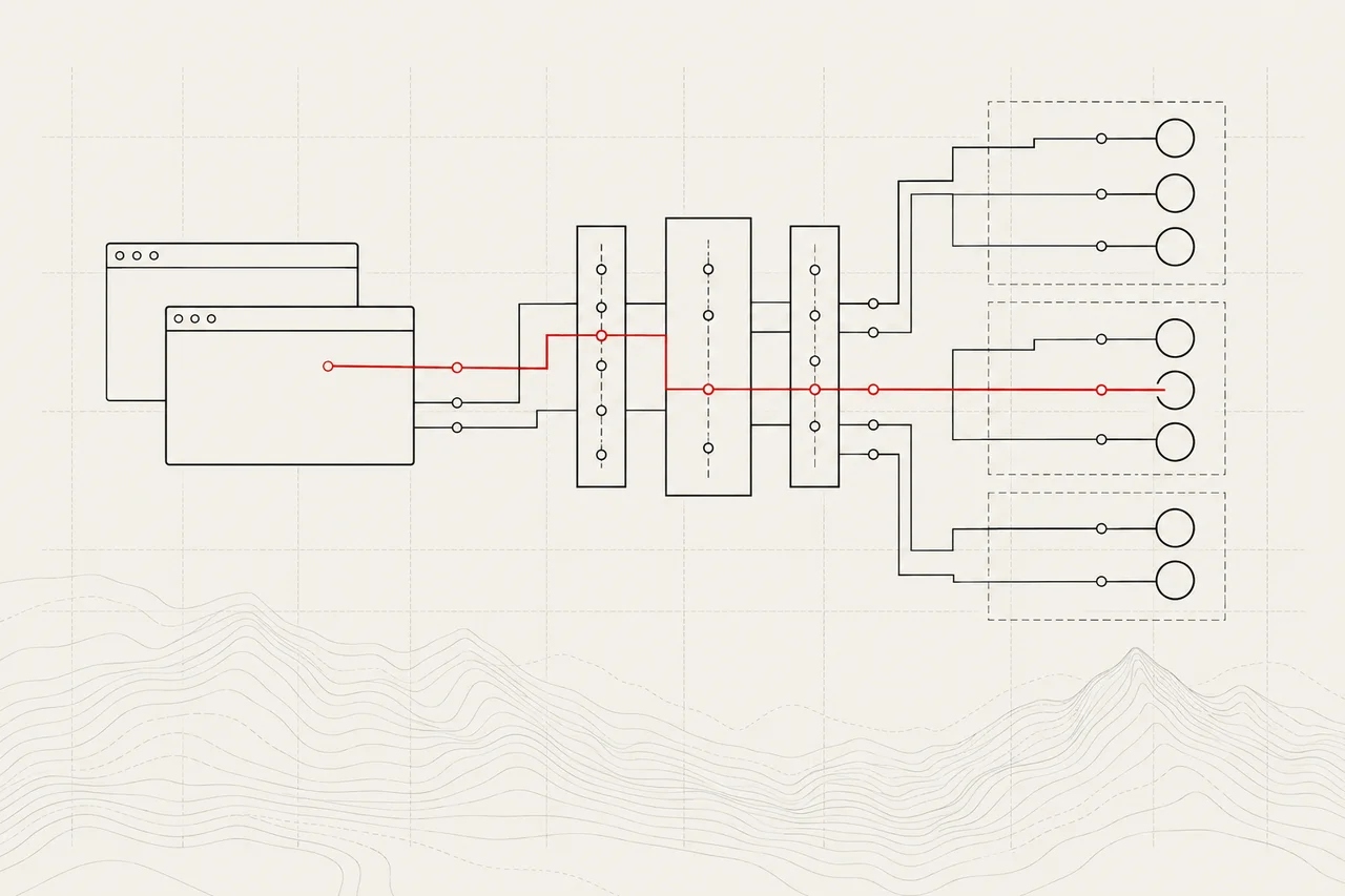 Line illustration of web and API endpoints with one highlighted test path through an application.